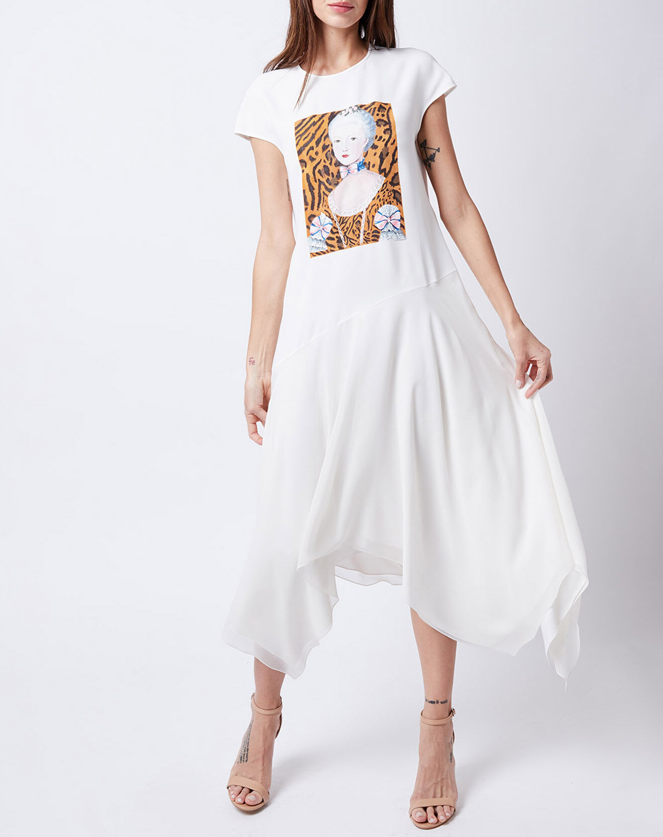 John Galliano Robe asymétrique motif peint à la main blanche