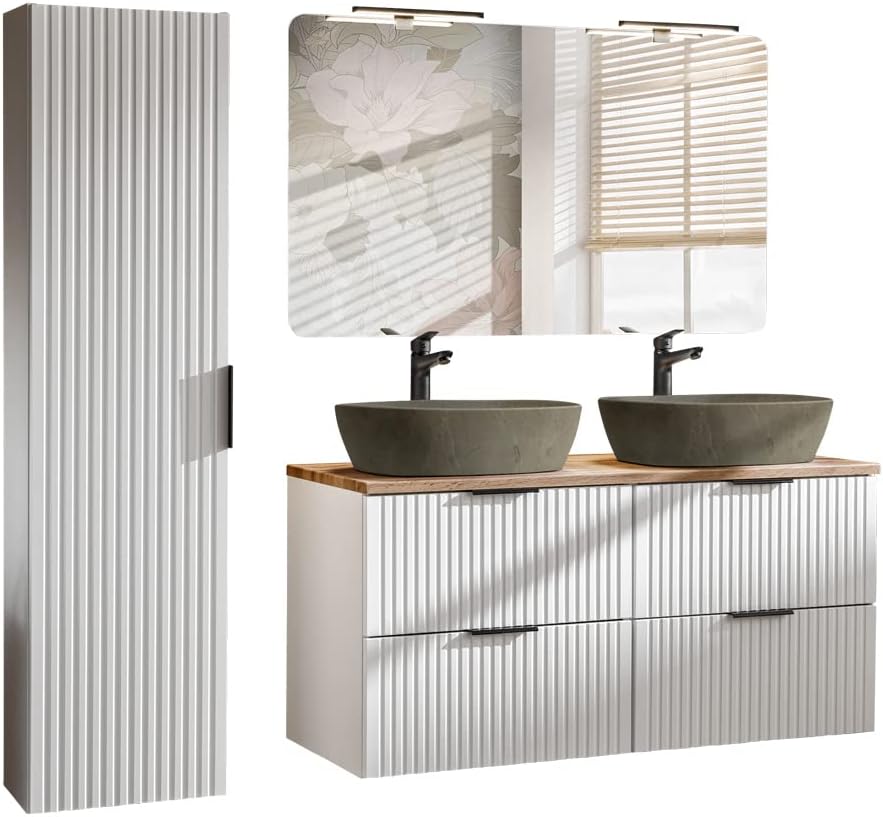 Lomadox Badmöbel Waschtisch-Unterschrank 120 cm weiß matt mit gerilllter Front, Wotaneiche, Waschbecken Badschrank mit 4 Softclose-Auszügen, B/H/T 120,6/59,2/46,5 cm