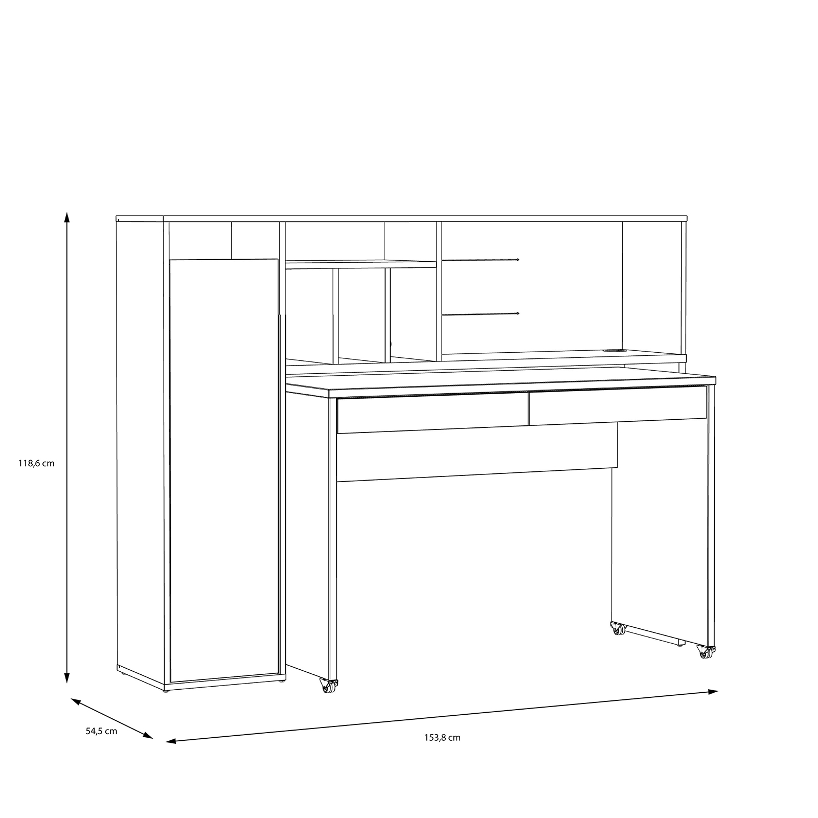 Schreibtischsystem - Artisan Eiche-Wolfram grau - mit Rollen - 154 cm