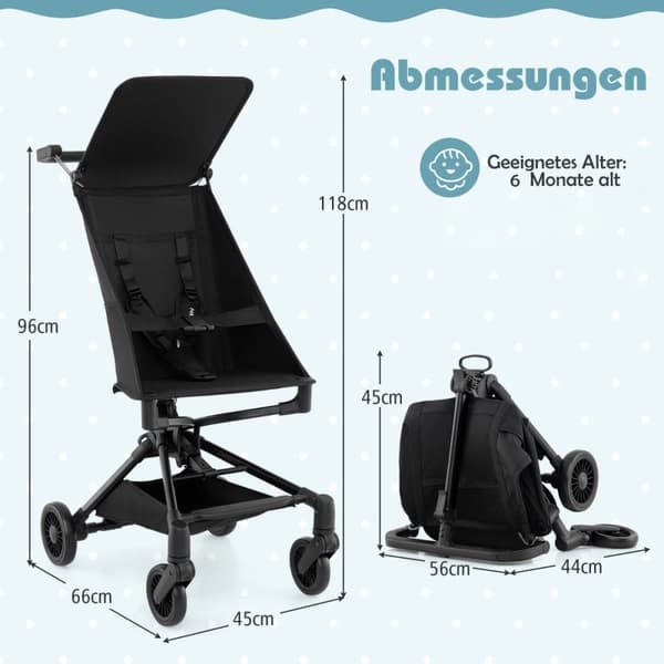 Sammenleggbar barnevogn med justerbar og avtagbar baldakin reisevogn