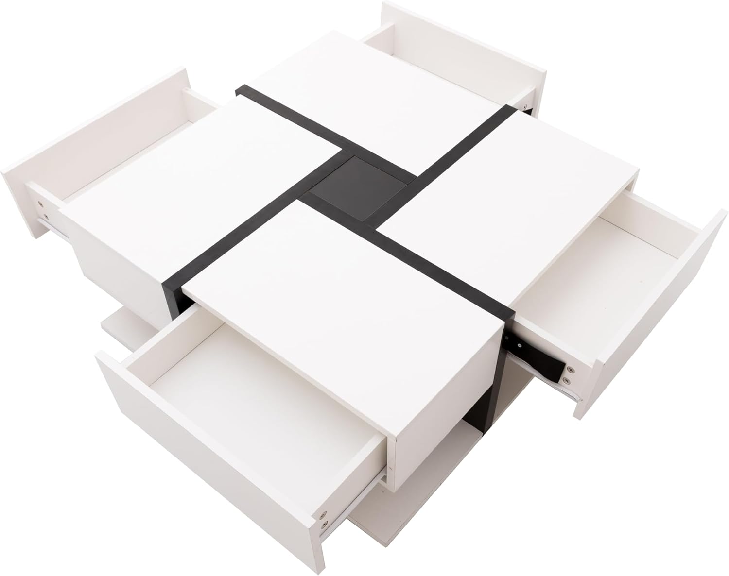 Merax Hochglanz Couchtisch mit 4 Schubladen und unterer Ablagefläche, einzigartiges Farb- und Liniendesign (78x78x36 cm) Weiß+Schwarz