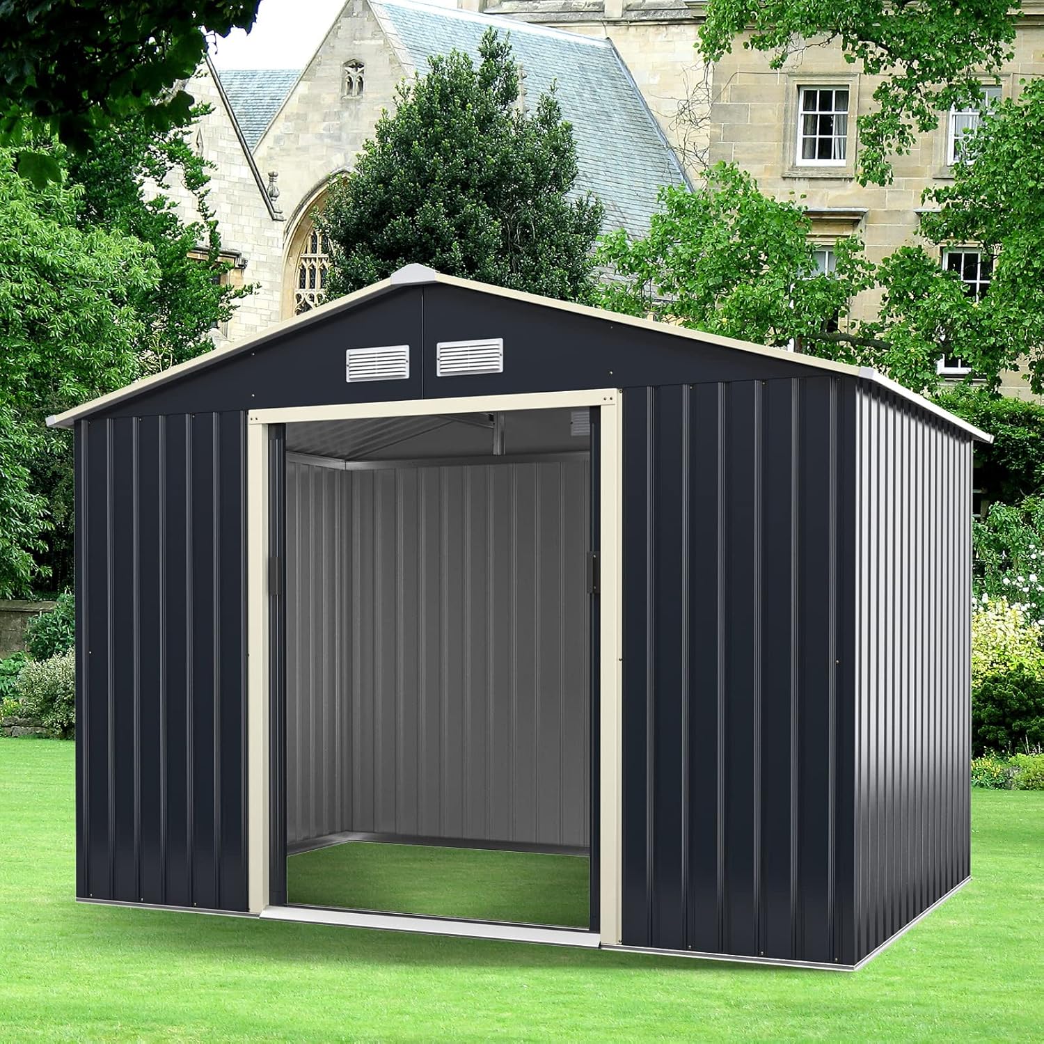 COSTWAY Gerätehaus Metall, 277x191x202 cm, Geräteschuppen abschließbar, Gartenhaus mit 4 Luftschlitzen & Schiebetür, Garten Schuppen für Rasenmäher Fahrräder, Metallschuppen Outdoor