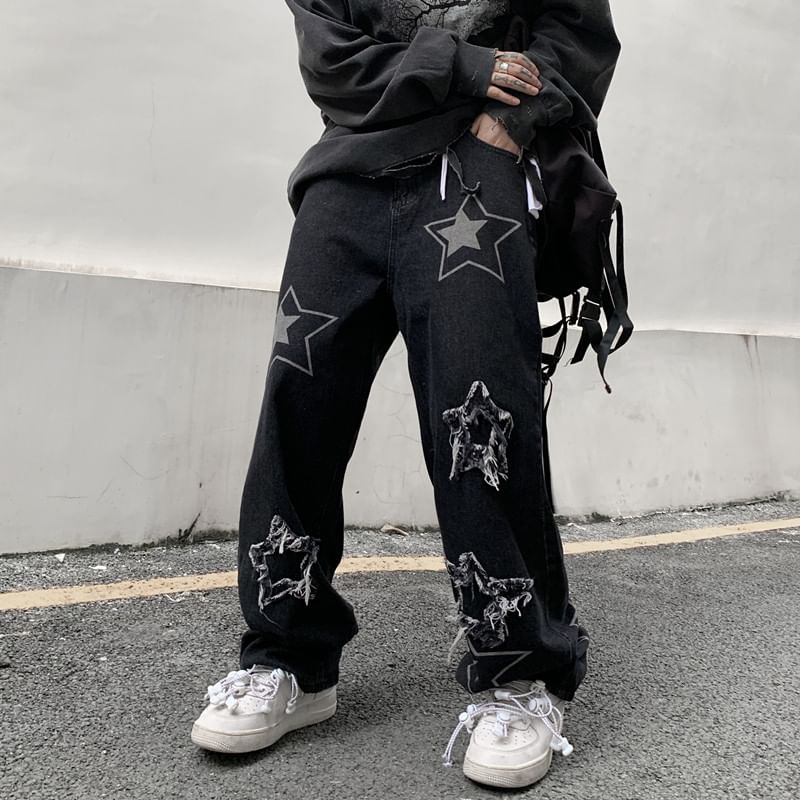 Zentrus - Wijde jeans met sterrenprint en distressed look