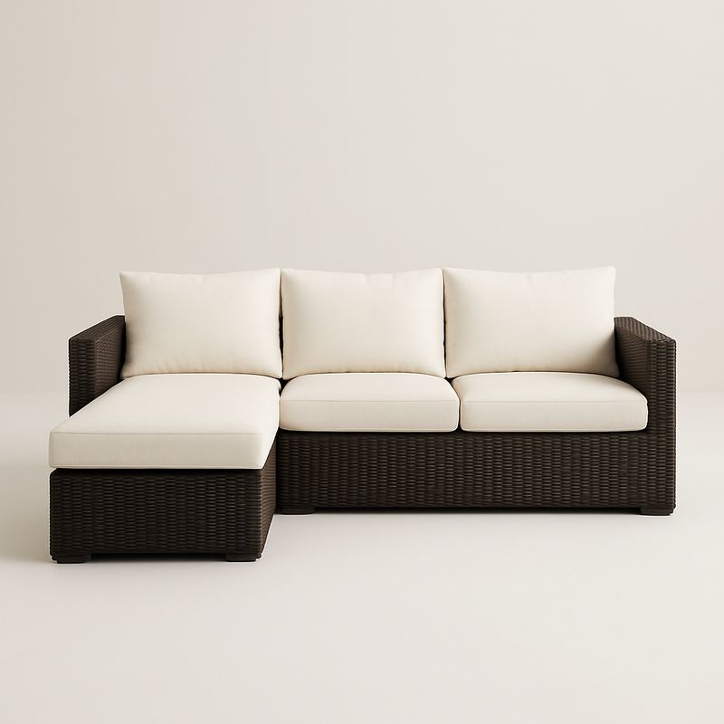 Ecksofa Set Stahlgestell Polyrattan Braun mit Creme Kissen 250x80x70cm