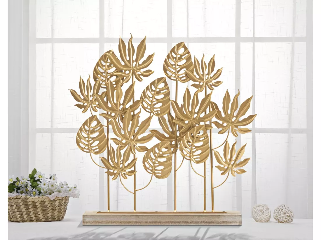 Sculpture feuille de palmier en métal doré, design élégant et exotique, 56x10x57,5 cm