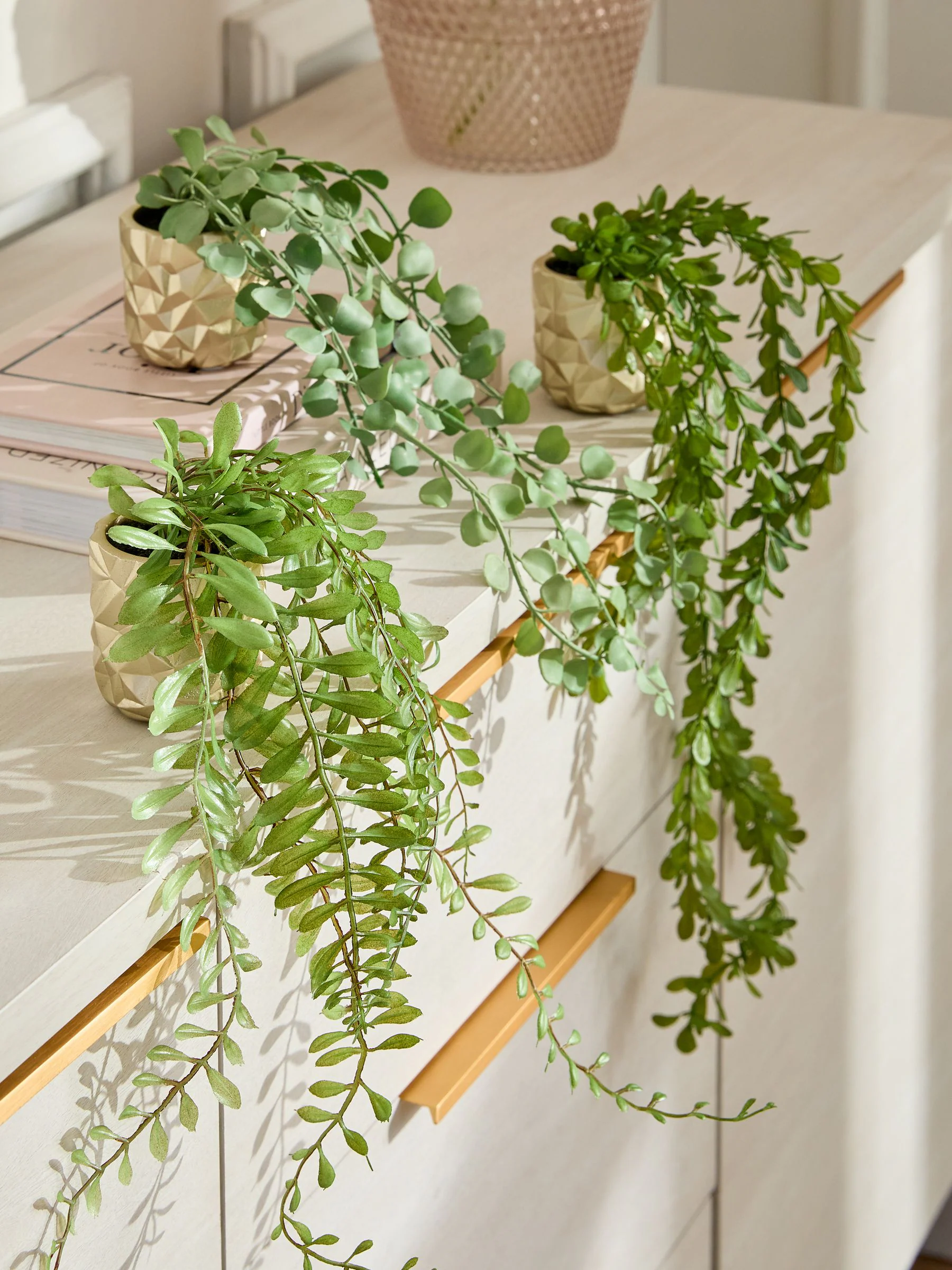 Artificial Trailing Plants In Mini Gold Hex Pots