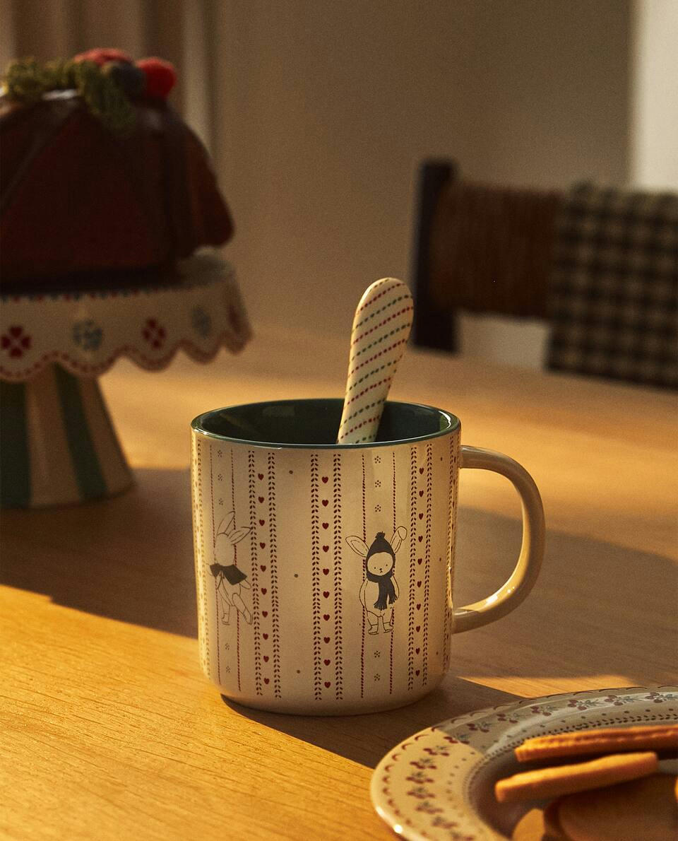 Caneca infantil de cerâmica com desenho de coelho de Natal