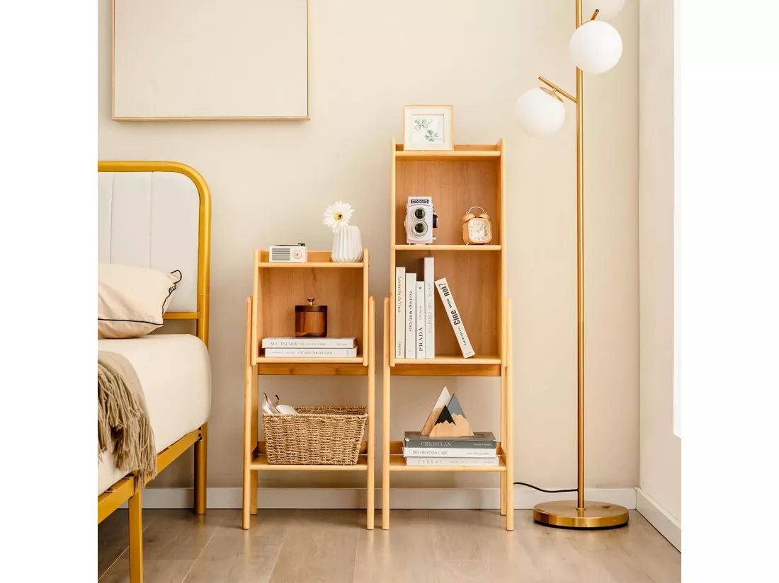 Bibliothèque Étagère Rangement en Bambou, Meuble Case Compartiment Cube, Pieds Bords Surélevés, Meuble Bibliothèque pour Petit Espace, Chambre, Salon, Cuisine (Jaune, 80 CM)