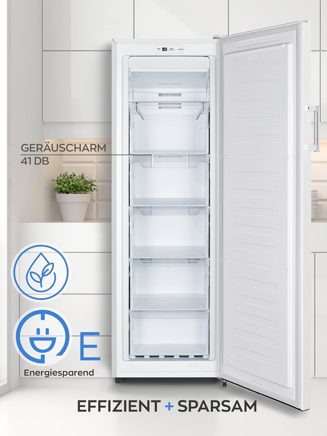 Heinrich´s Gefrierschrank 194 Liter, Temperatur:-14°C~-24°C, Freezer, No-Frost Schutz, 5x Gefrierschublade +1x Gefrierfach, LED-Display,Airflow, wechselbarer Türanschlag, Alarmfunktion, weiß