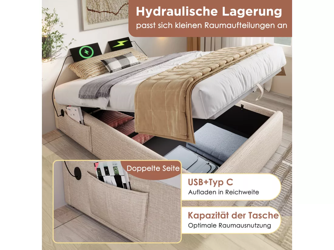 Lit coffre 90 x 200 cm sans tête de lit - 2 poches latérales et prises USB + Type-C - Tissu en lin - Beige (sans matelas)