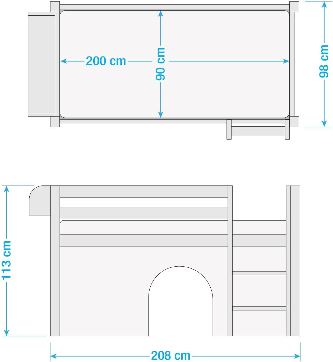Hochbett JELLE 90×200 cm | 90x190 cm – Kinderbett & Spielbett aus Massivholz (Kiefer) inkl. Lattenrost – Verschiedene Markenmotive (Spiderman, 90 x 200 cm)
