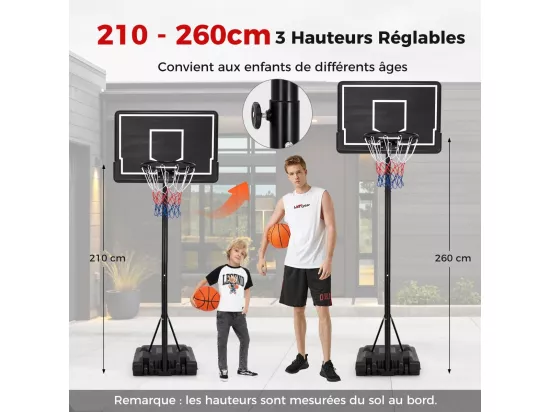 Panier de Basket-Ball sur Pied Hauteur Réglable 210-260cm, Support de Basketball Mobile avec Base Remplissable Panneau Arrière en PC et Roues