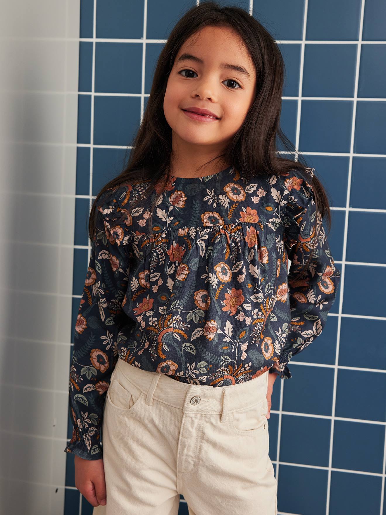 Blusa de manga comprida com flores, para meninas, azul escuro