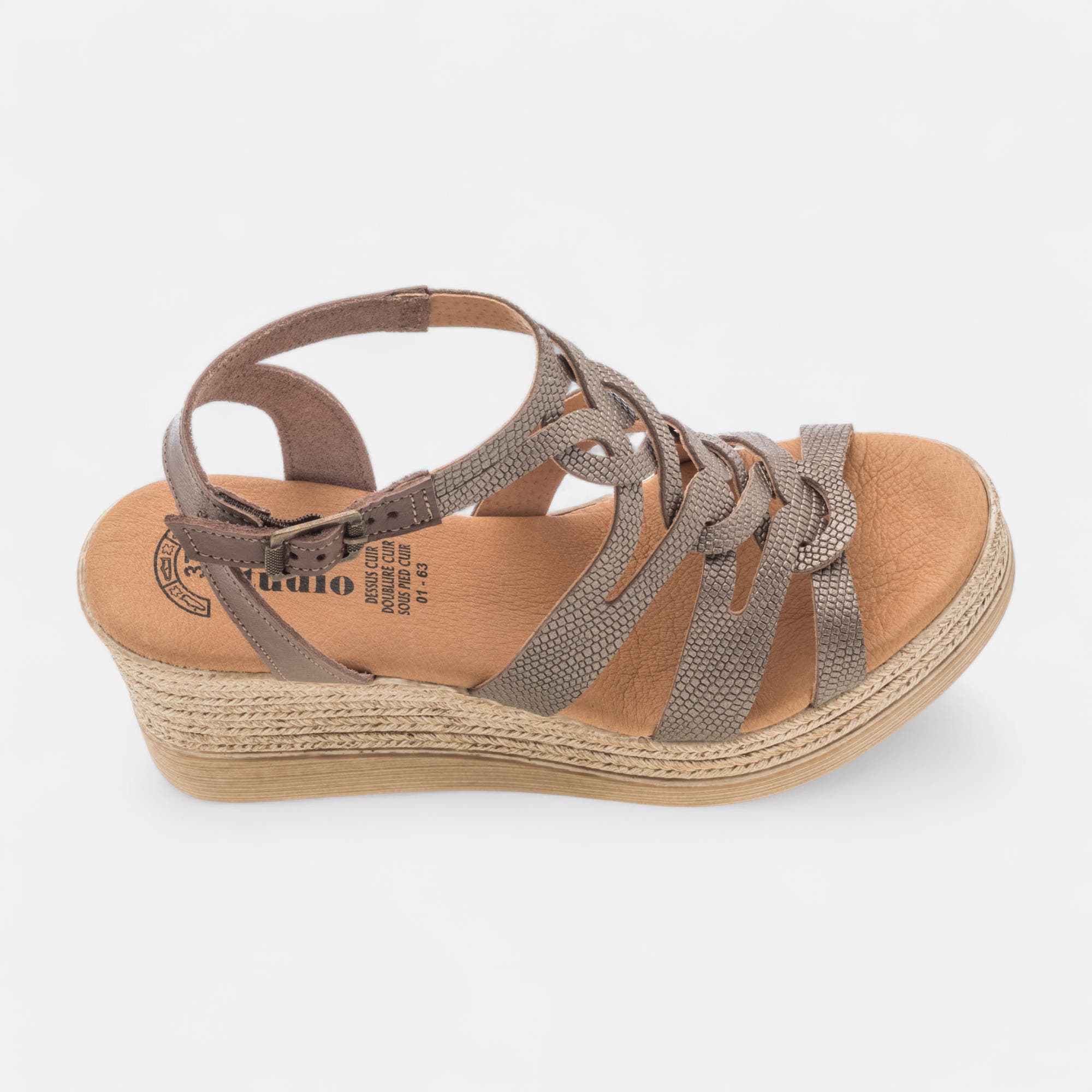 Nu-pieds à talon compensé Femme en cuir bronze