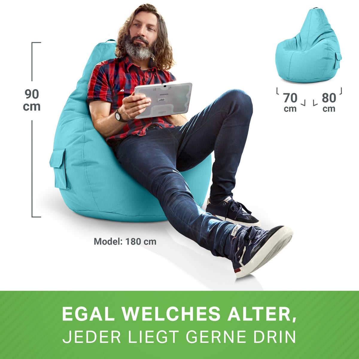 Green Bean Zitzak met rugleuning 80x70x90cm - Gaming stoel met 230L vulling, comfortabel, zacht, wasbaar - Zitzak vloerkussen, loungestoel, voetenbank, relaxstoel, gamerstoel, turquoise