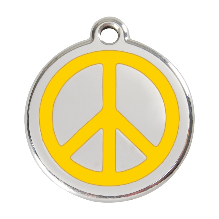 Placa de identificação para cães em aço inoxidável esmaltado amarelo com o símbolo da paz