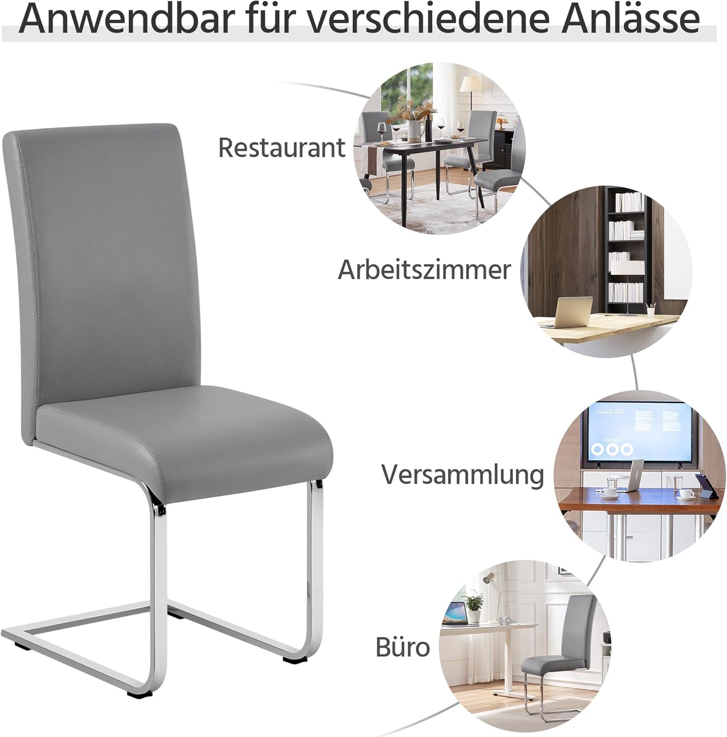 Yaheetech Esszimmerstühle 2er Set Esszimmerstuhl Schwingstuhl Freischwinger, 135 kg belastbar hellgrau Kunstleder