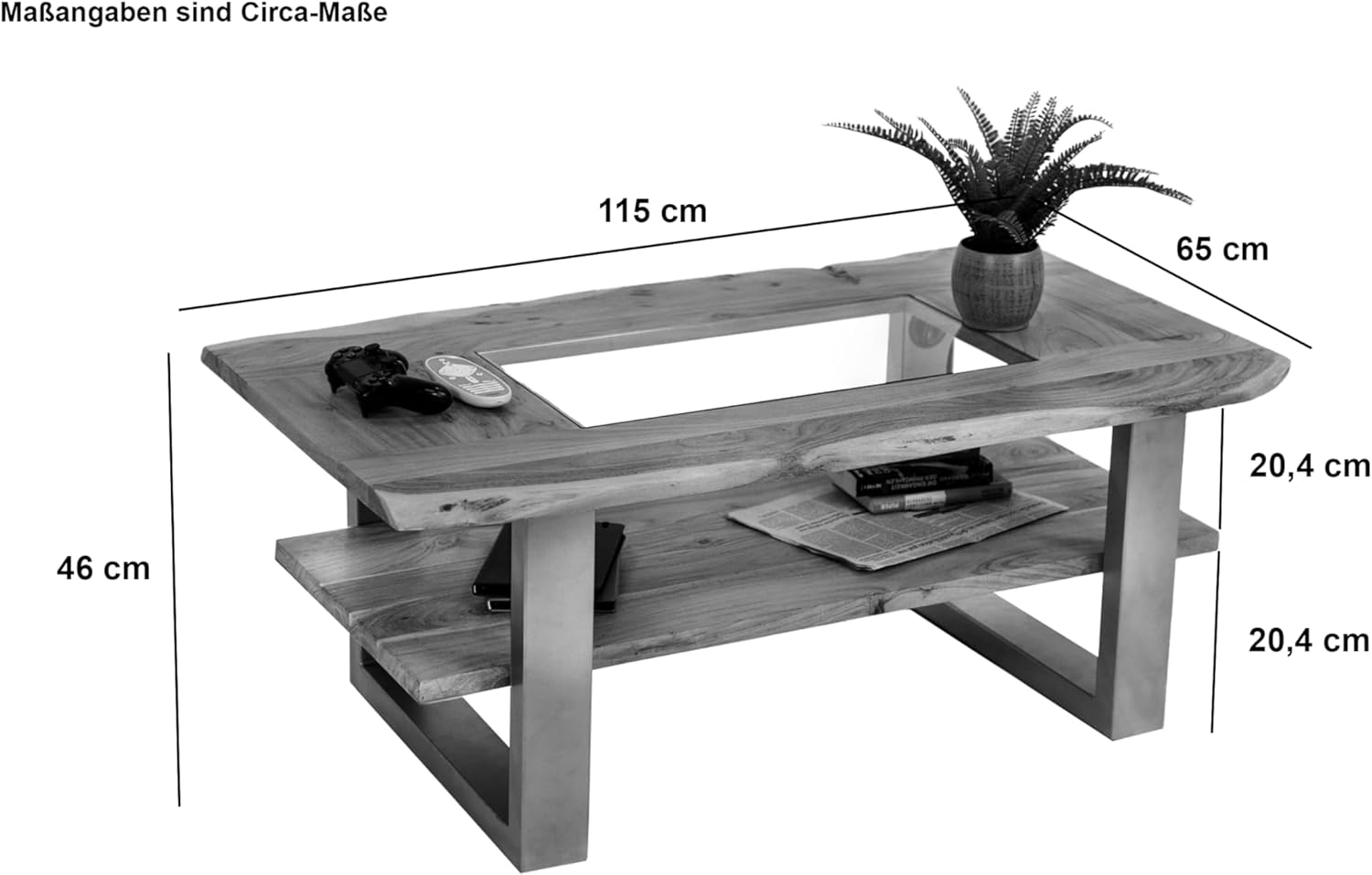 SAM Couchtisch 115x65 cm Patrick, Sofatisch mit Ablage und Glasplatte, Akazienholz massiv + naturfarben, Beistelltisch mit schwarzem U-Metallgestell, echte Baumkante