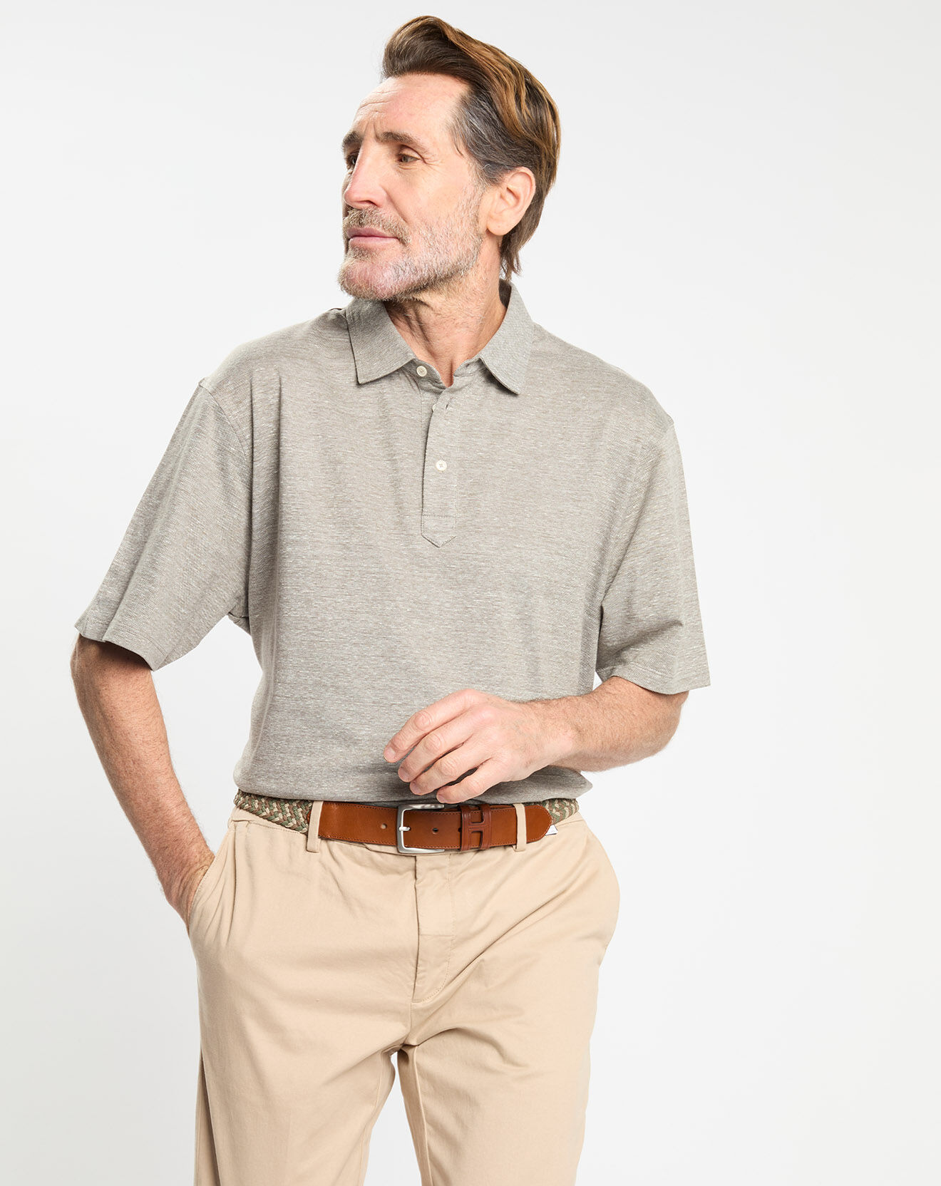 Hackett London Polo en Lin mélangé Regular Fit Oxford beige moyen chiné
