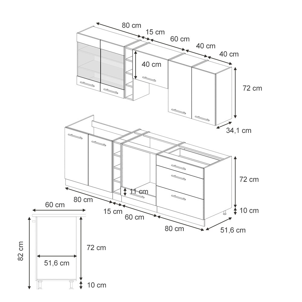 Vicco Küchenzeile Fame-Line Anthrazit Dunkelblau Hochglanz 235 cm mit Arbeitsplatte Anthrazit