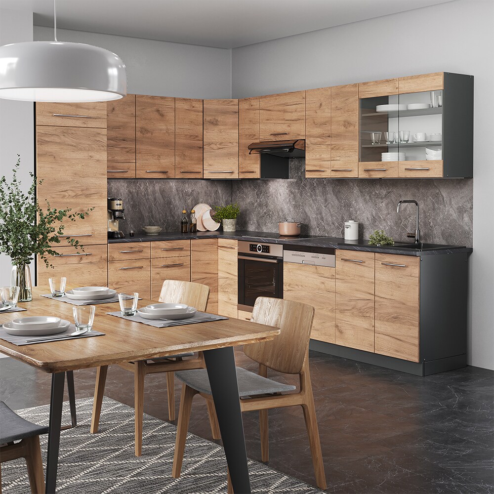 Vicco Eckküche Küchenzeile Einbauküche Fame-Line Anthrazit Eiche 227x287 cm modern Spülenunterschrank Schubunterschrank Eckunterschrank Herdumbauschrank Hängeschrank Kühlumbauschrank Hängeglasschrank