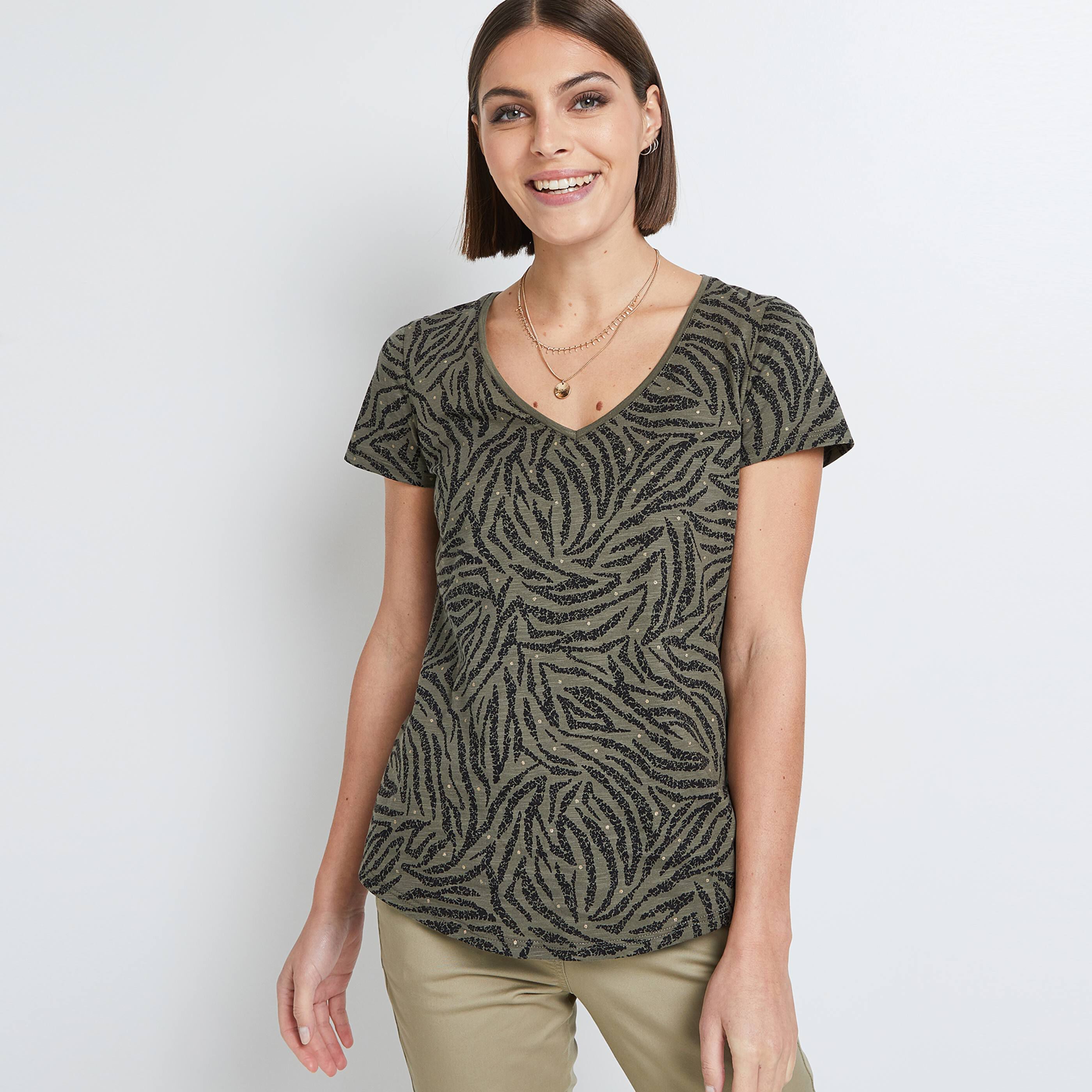 T-shirt imprimé col V femme - KAKI
