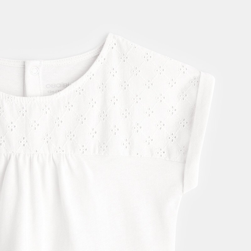 T-shirt bi-matière broderie anglaise blanc bébé fille Blanc