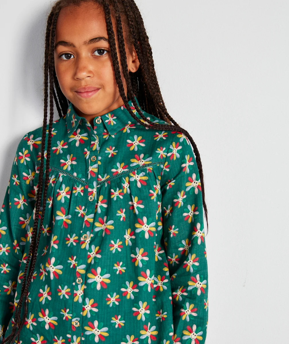 CHEMISE FILLE VERTE EN COTON ET IMPRIMÉE AVEC FLEURS SOURIRES