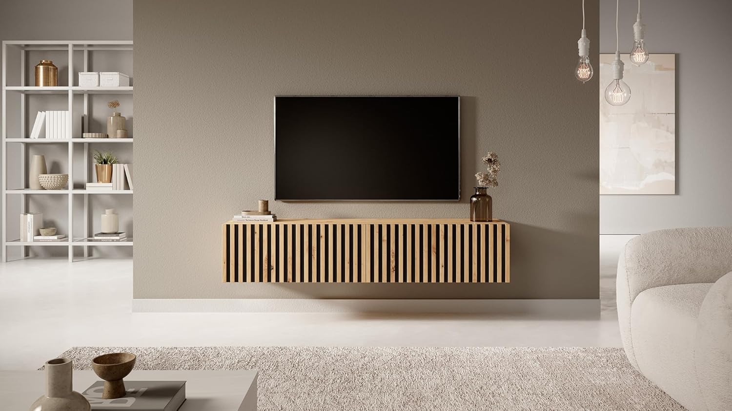 Selsey TV Schrank Board Sideboard Fernsehtisch Fernsehschrank 138,6 cm Hängend Artisan Eiche Schwarz Mit Lamellierter Front Telire