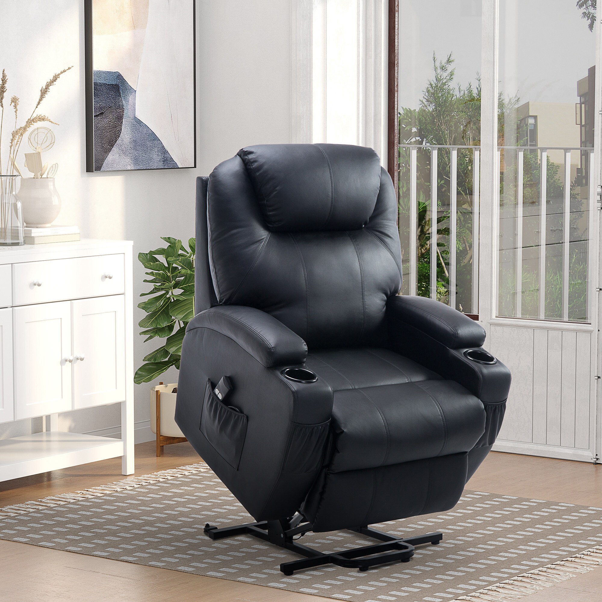 HOMCOM Fernsehsessel 2-in-1-Design, Becherhalter auf beiden Seiten, Sessellift Schwarz 84 x 92 x 109 cm (BxTxH)
