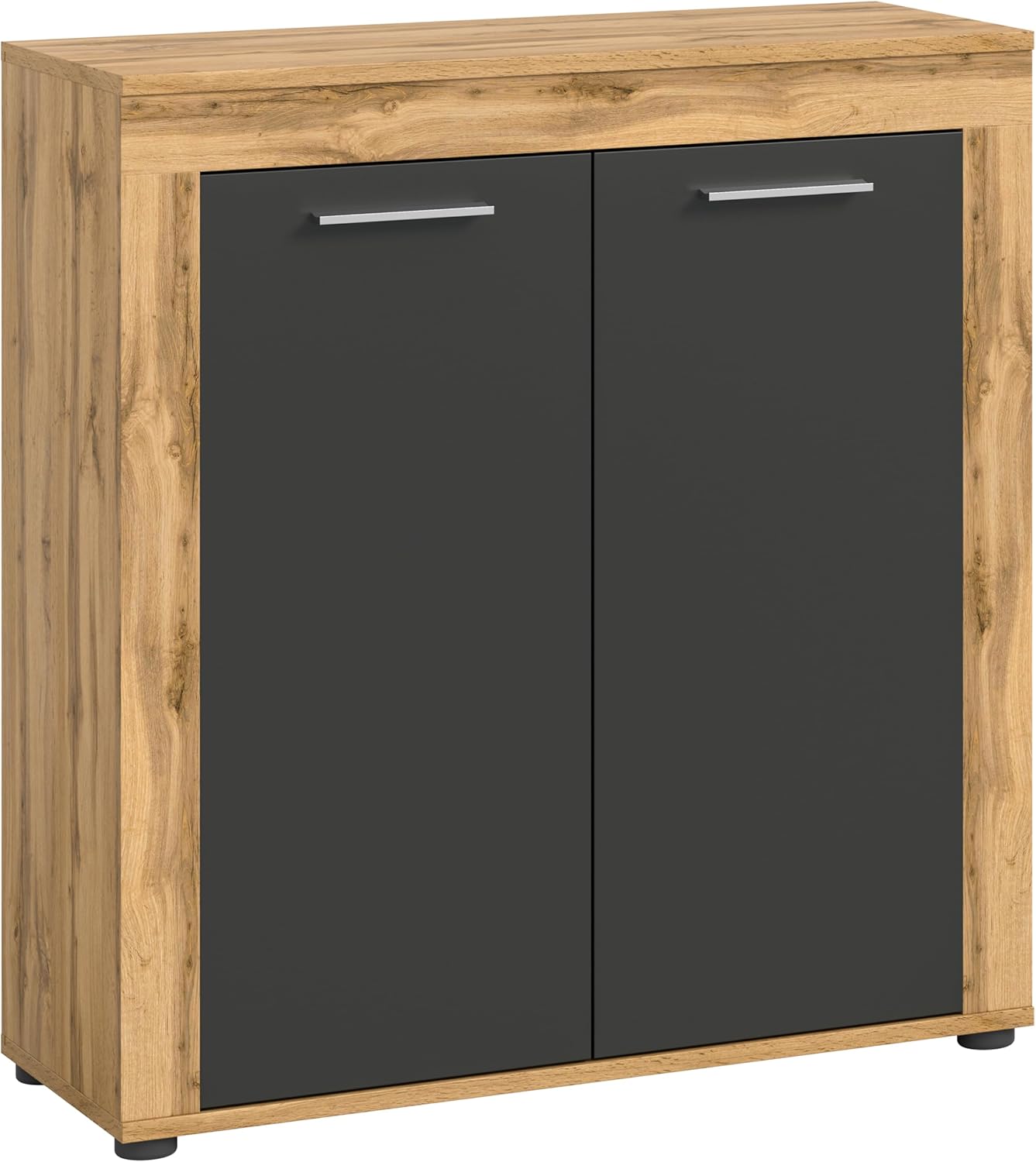 xonox.home Wohnzimmer Jam Highboard Hochkommode Wohnzimmerschrank Hochschrank Anrichte in Front grau Nb. Korpus/Absetzung Wotan Eiche Nb., ca.80x88x35 cm