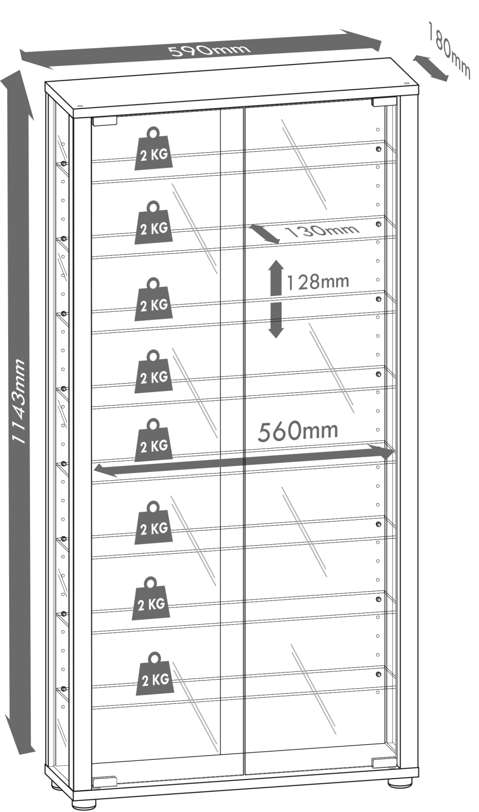 Wandvitrine VITROSA MAXI - silber - mit Rückwandspiegel und Beleuchtung - 59 cm