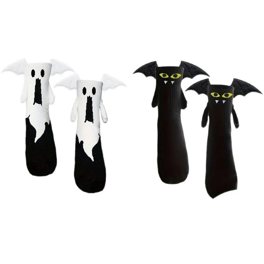 (2 Paar) Unisex Socken Halloween Fashion Strümpfe Couple Socks Füsslinge mit Magnetischen Händen (One Size) - Fledermaus / Geist