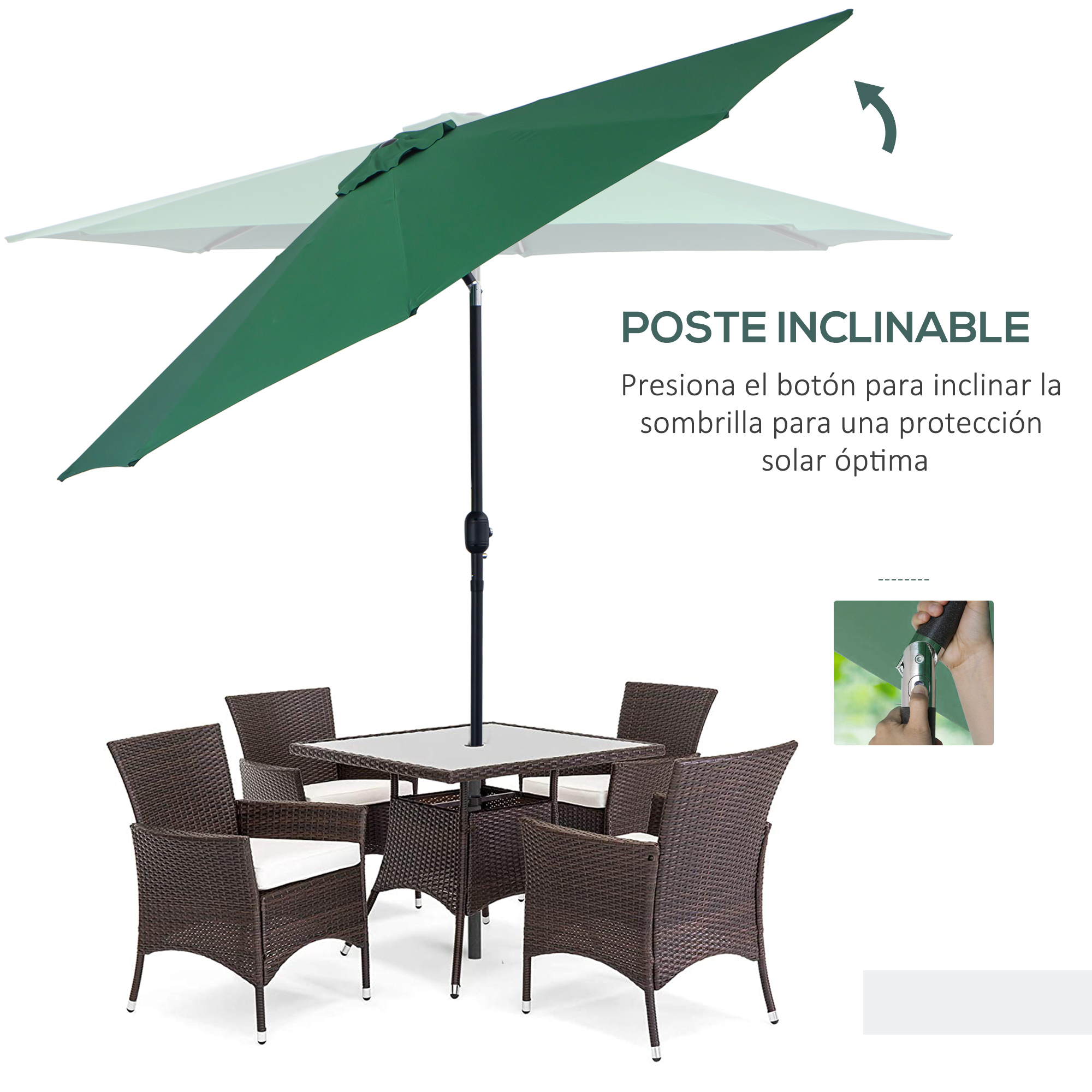 Guarda-sol de jardim Outsunny Ø295x250 cm com manivela, guarda-sol externo com mecanismo de inclinação e mastro de metal removível para terraço, piscina, pátio, verde