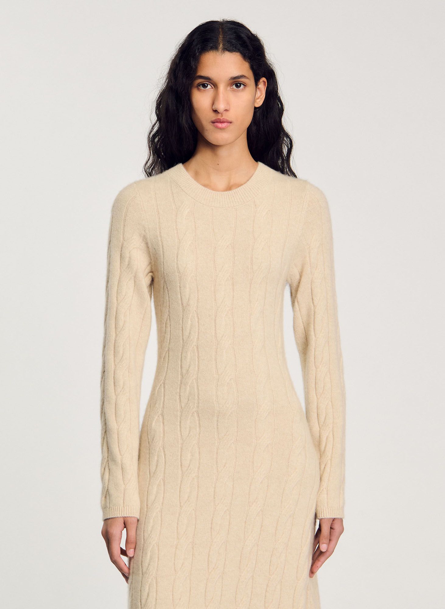 SANDRO Robe longue col rond en laine mélangée - Beige
