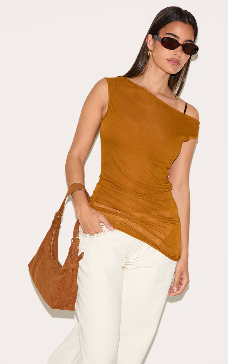 Marron Haut Long Sans Manches Col Bénitier En Matière Transparente Douce Au Toucher