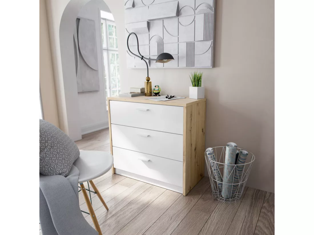 Bureau Toronto, Bureau avec tiroirs et plateau escamotable, Table d'étude ou de bureau pour PC, 75x40h130 cm, Chêne blanc et noueux