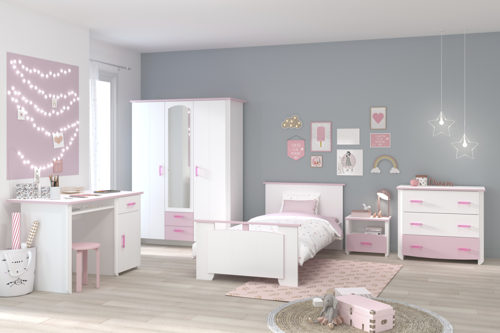 5-teiliges Jugendzimmer BIOTIFUL 13 - weiß-rosa - mit Schreibtisch