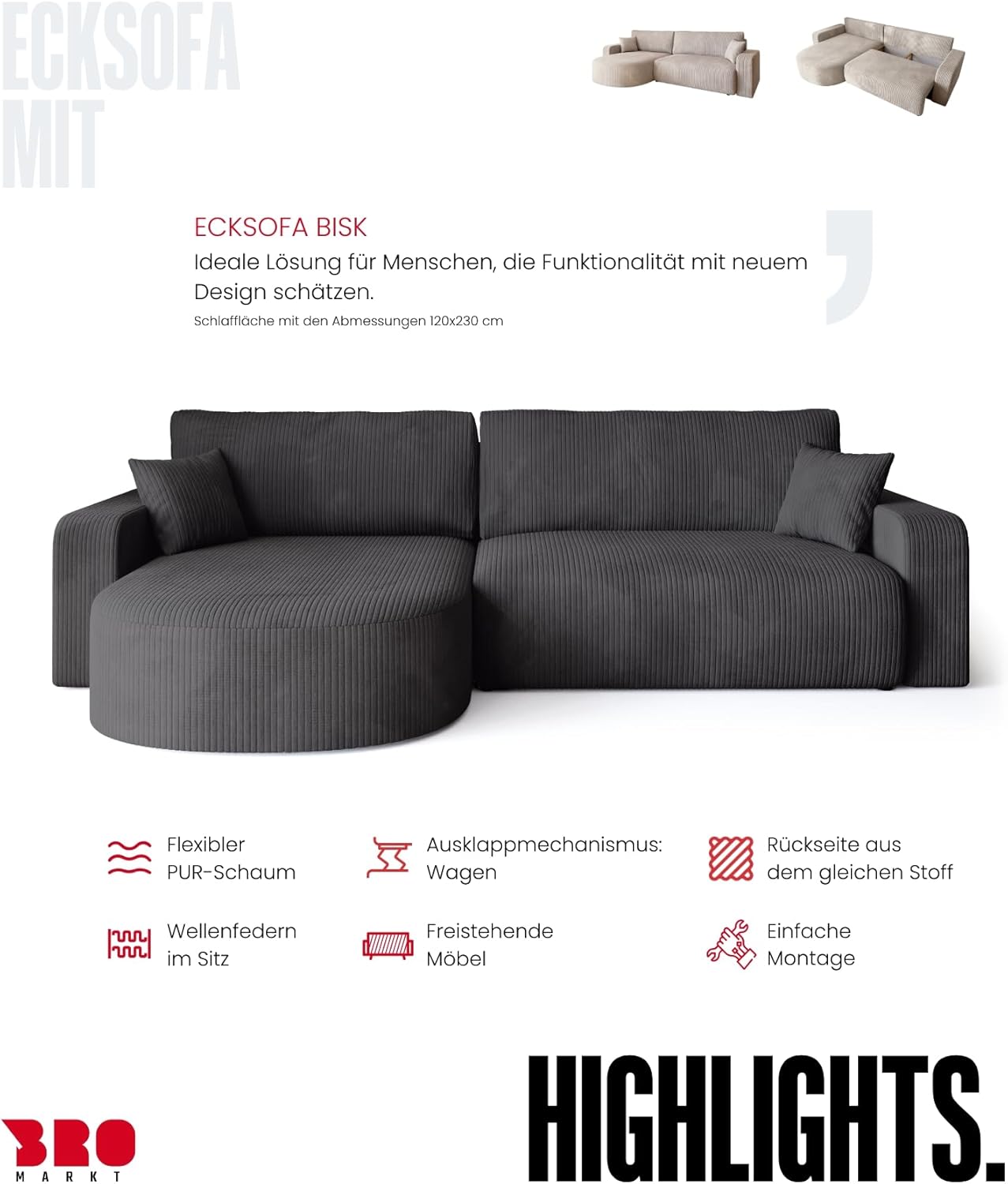 BROMARKT Ecksofa mit Schlaffunktion und Bettkasten Cordstoff Sofa Dreisitzer Schlafsofa Eckcouch Relaxsofa für Wohnzimmer Wohnlandschaft L-Form Bisk 275x170x85cm Grau