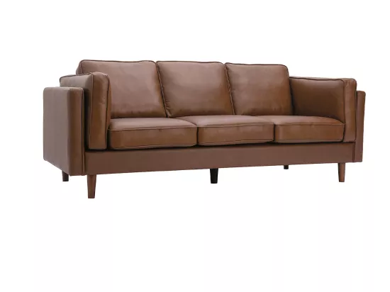 Canapé vintage 3 places cuir marron et bois foncé BRADLEY