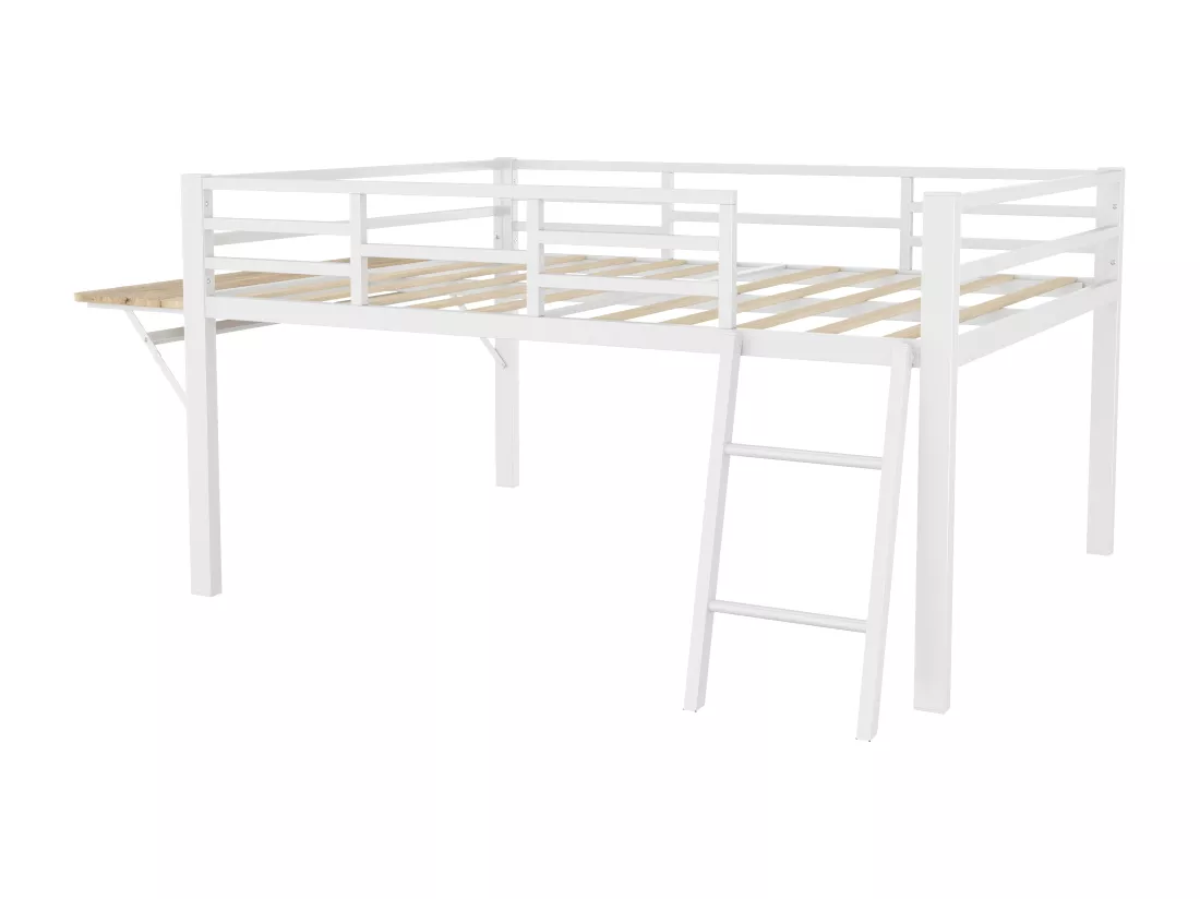 Lit mezzanine 140x200cm en métal avec LED - avec bureau abattant et sommier à lattes - Blanc