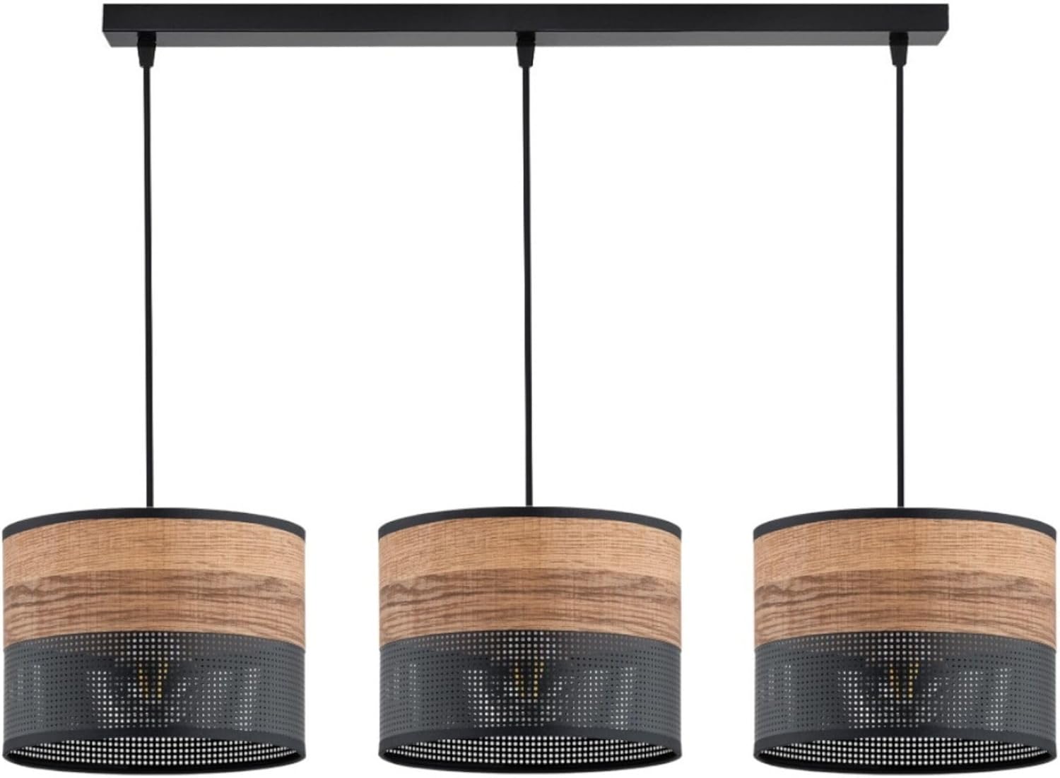 Pendelleuchte 3-flammig aus schwarzem Metall mit Holzoptik-Details (PVC), höhenverstellbar | E27 Fassung | LED geeignet | Hängelampe für Wohn-, Esszimmer, Küche, Büro