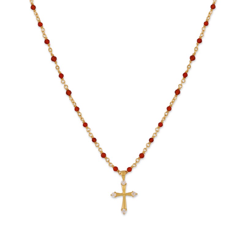 Collier Argent Doré Croix Et Pierres Naturelles Rouge