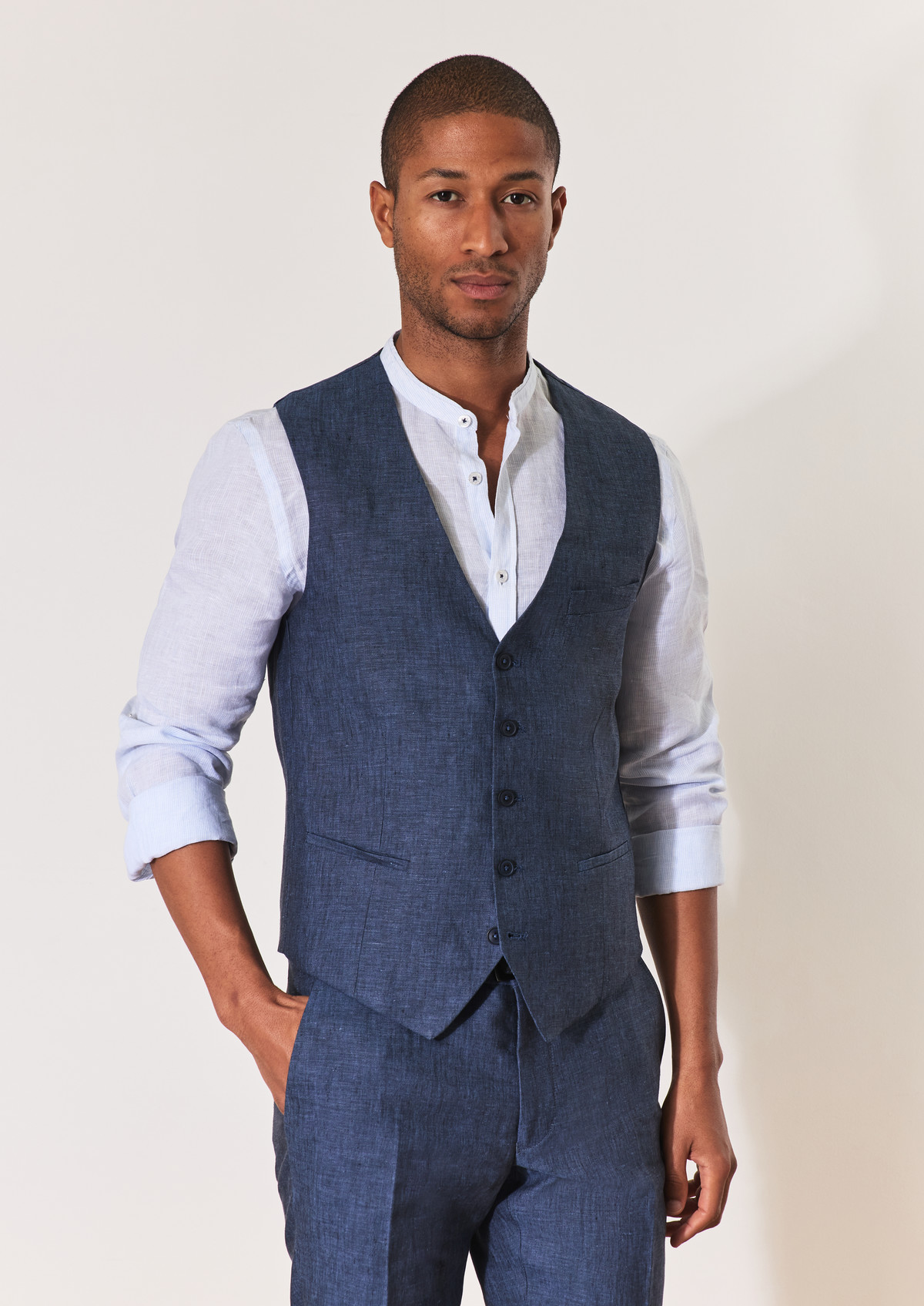 Gilet casual en lin uni bleu indigo