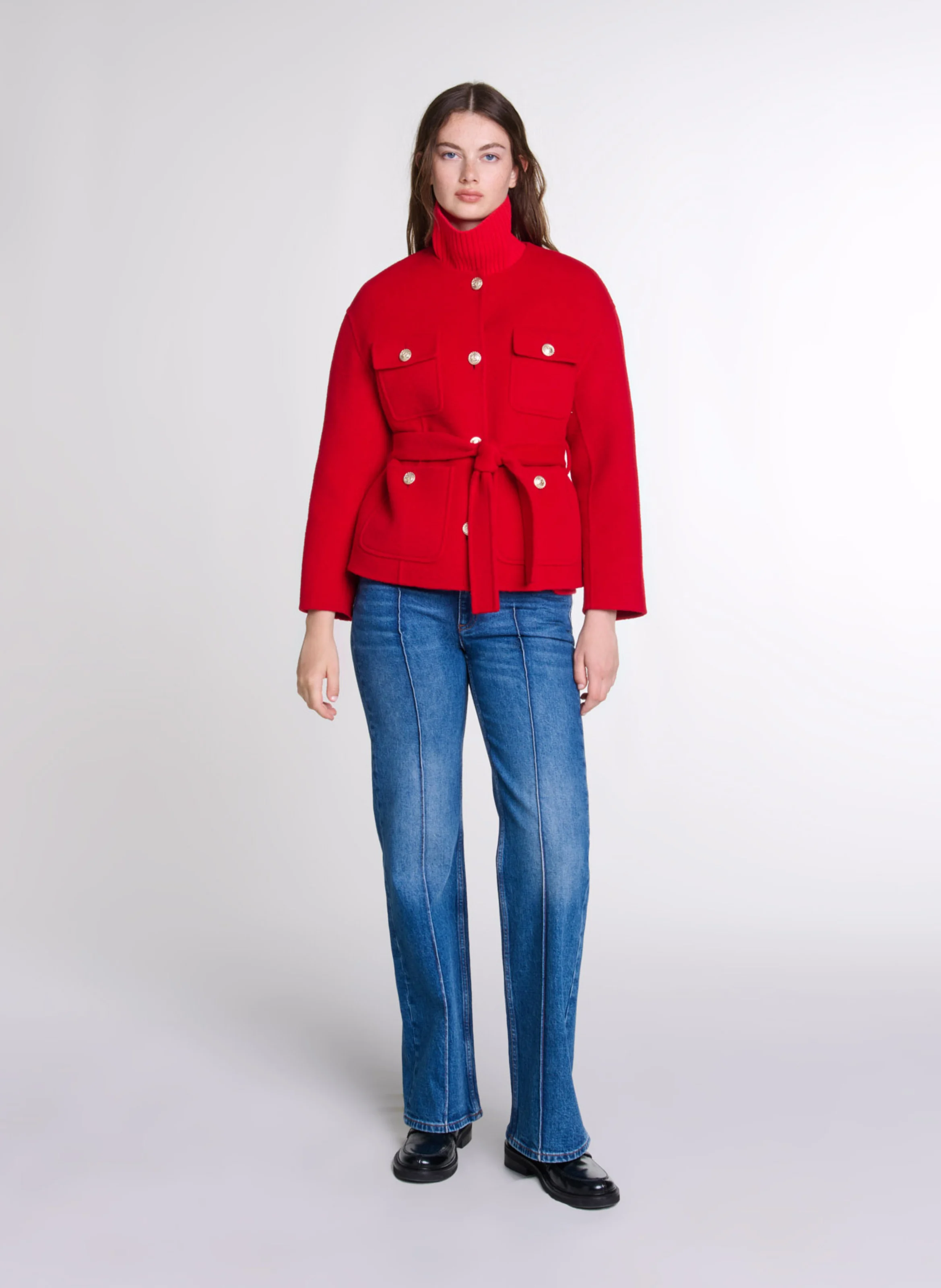 Manteau court ceinturé en laine mélangée| Rouge