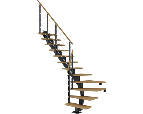 Pertura Alena Antraciet Middentrap, Kwartslag, Linksonder/Rechtsonder 75 cm, Geoliede Eikenhouten Leuning, 11 Treden / 12 Stijgers