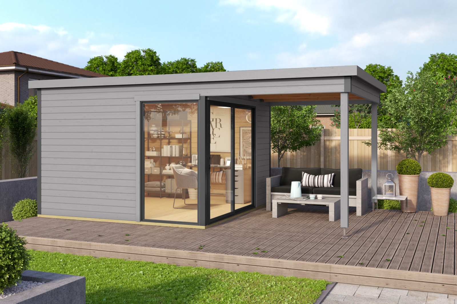 Gartenhaus DOMEO 2 - lichtgrau-anthrazit - Fichte massiv - 504,4x300 cm