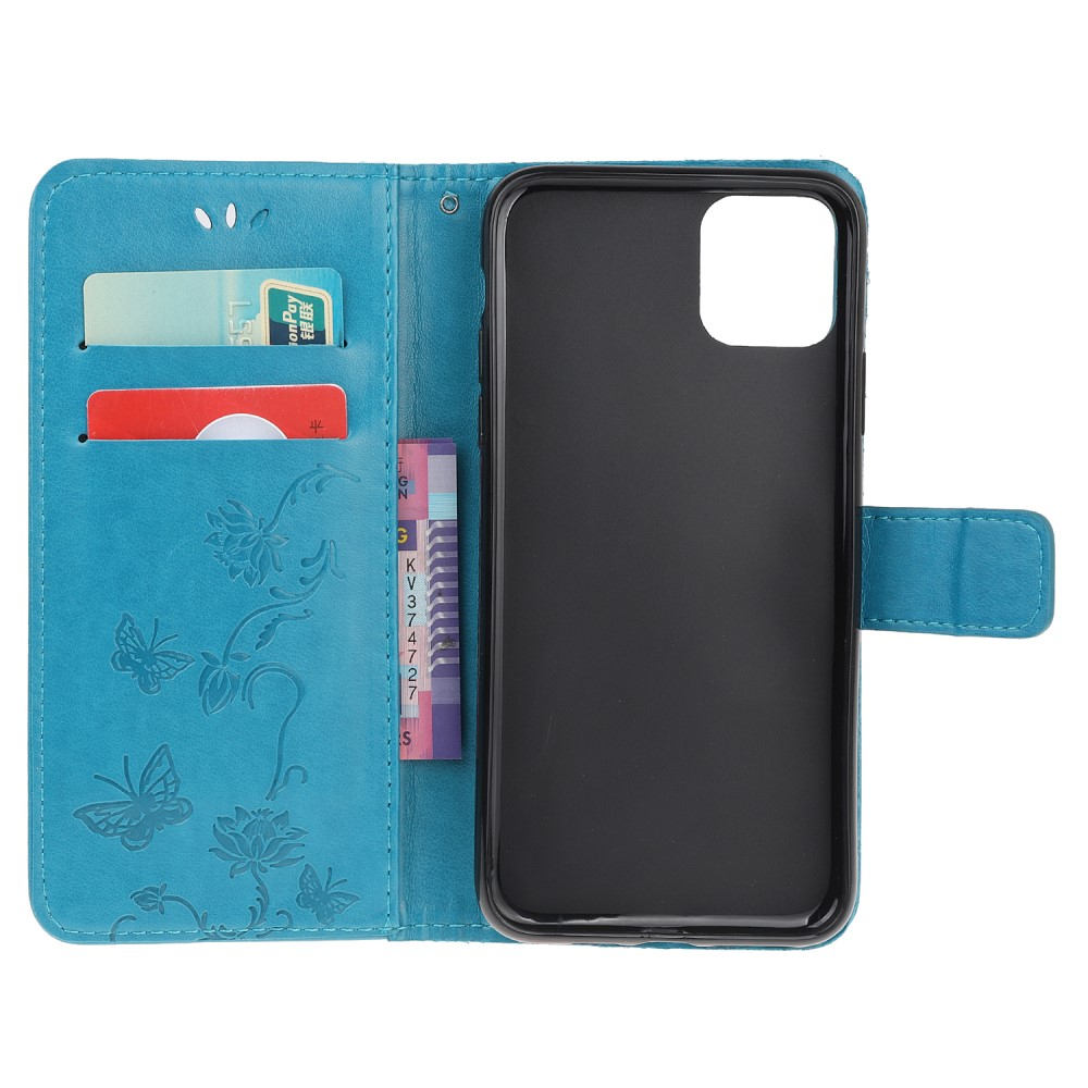 iPhone 12 / iPhone 12 Pro Leder Tasche Flip Cover Schmetterlinge und Blumen - Blau
