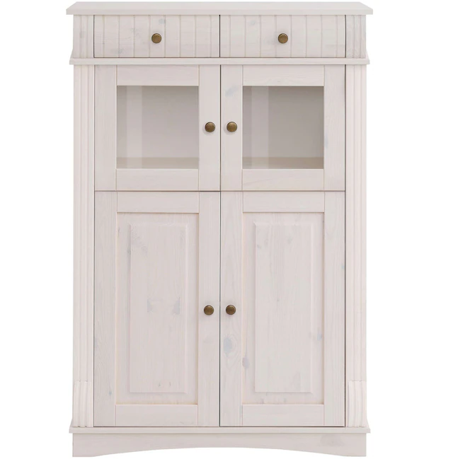 Home affaire Highboard »Teresa Mini-Vitrine mit Glastüren und 2 Schubkästen« Kommode, aus massiver Kiefer, Breite 84 cm, Höhe 120 cm, FSC®