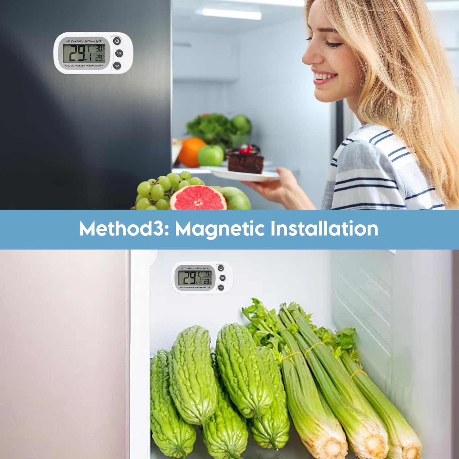 2 Stück Kühlschrank Thermometer Max/Min Funktiony, Gefrierschrank Thermometer LCD Display, Digitales Kühlschrankthermometer mit Haken & Magnet, Küchenthermometer für Zuhause Restaurants Cafés